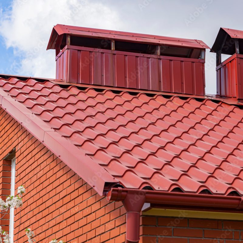 The roof of the house with a chimney.The metal tile is red-brown and the chimney of the heating system on the roof of the house in summer weather.