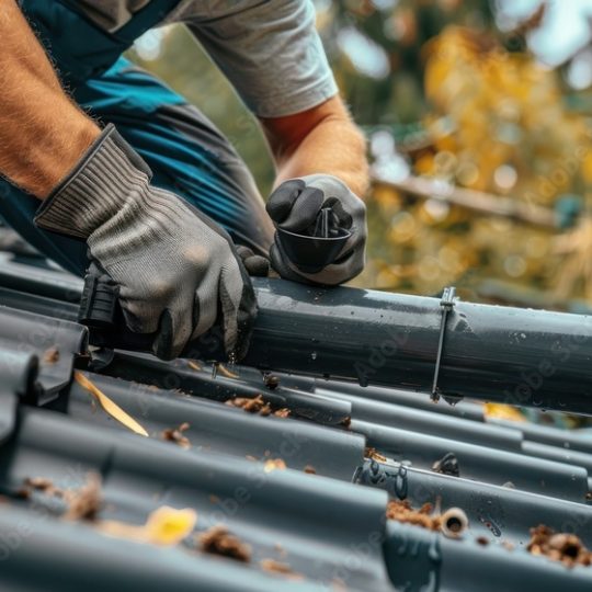 Worker holding plastic pipe installing gutter system on roof. Close up.